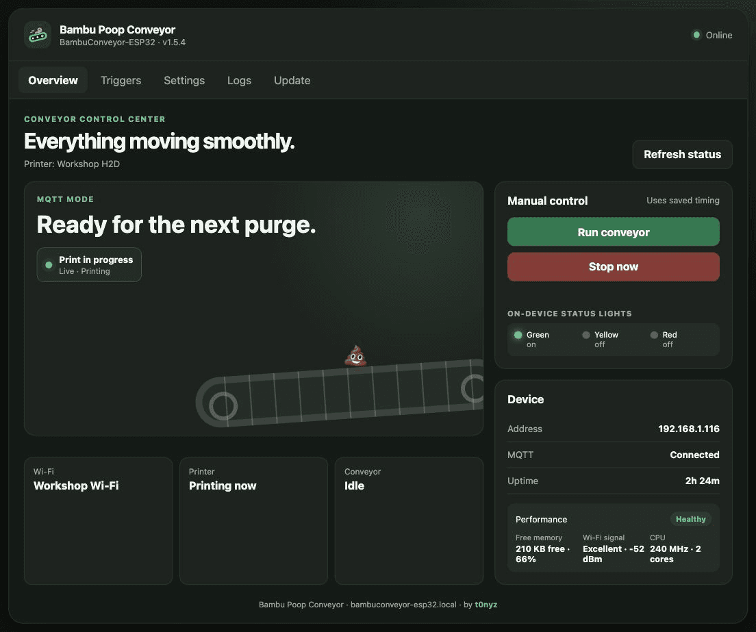 Bambu Poop Conveyor v1.5.4 control center overview