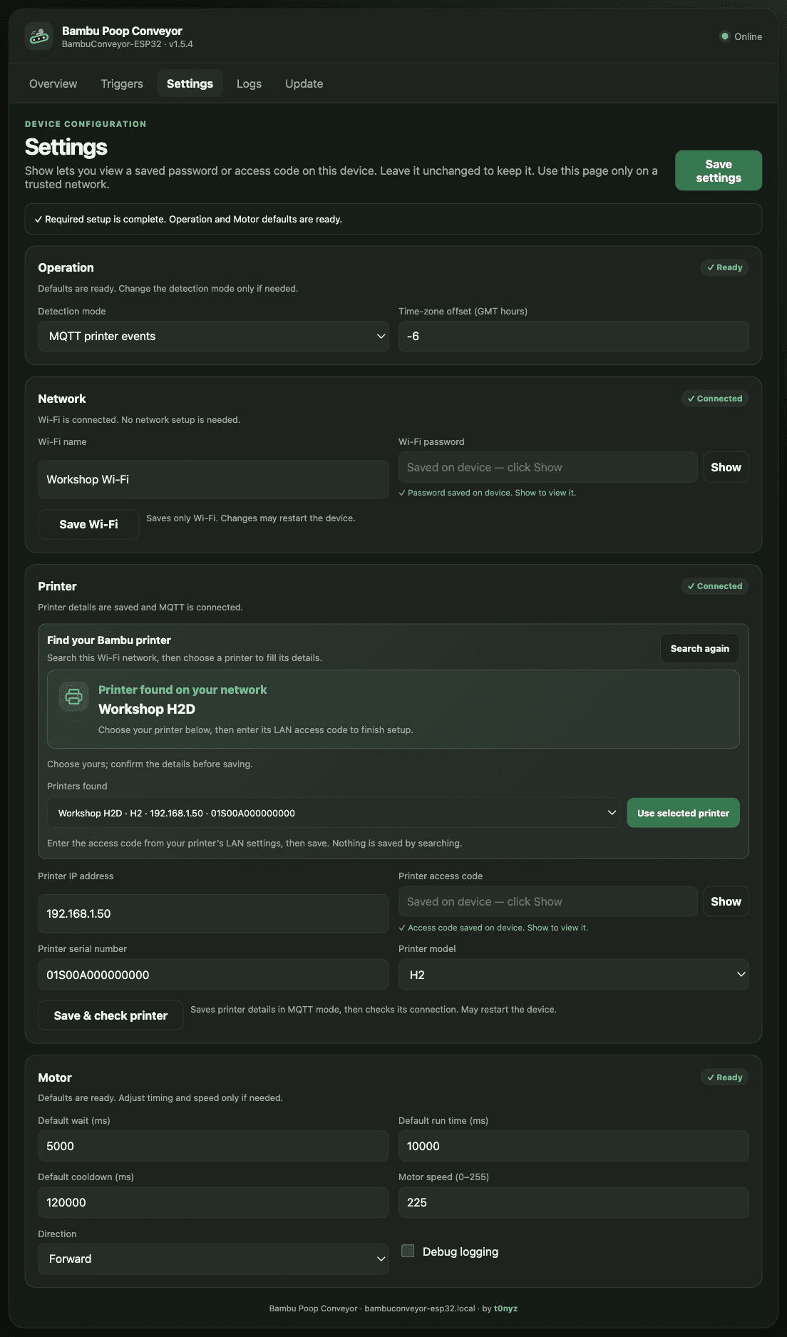 Bambu Poop Conveyor v1.5.4 Settings with separate Network and Printer sections and Show/Hide controls