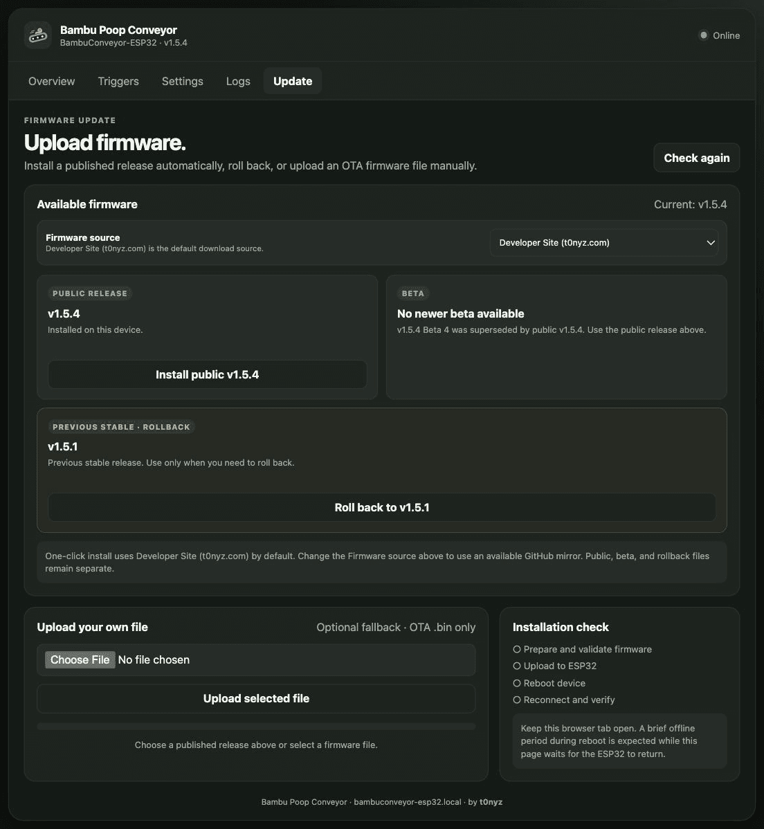 Bambu Poop Conveyor v1.5.4 Update screen showing the public release, no newer beta, and previous-stable v1.5.1 rollback