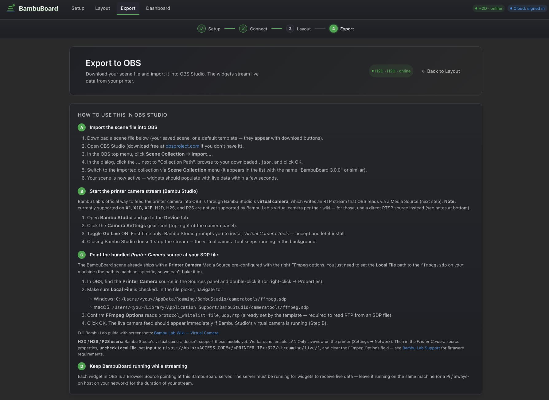 BambuBoard export tab with download instructions