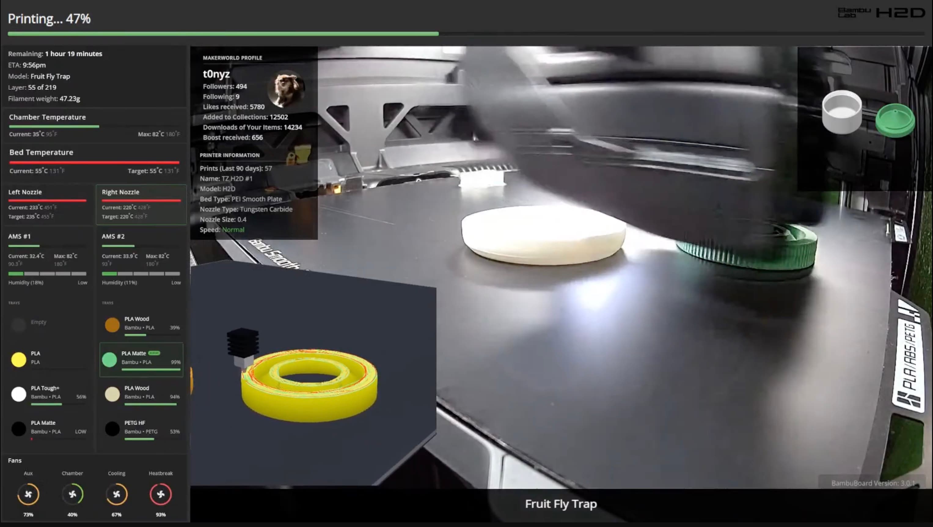 BambuBoard 3.0 live dashboard showing an H2D mid-print with the new gcode toolpath widget