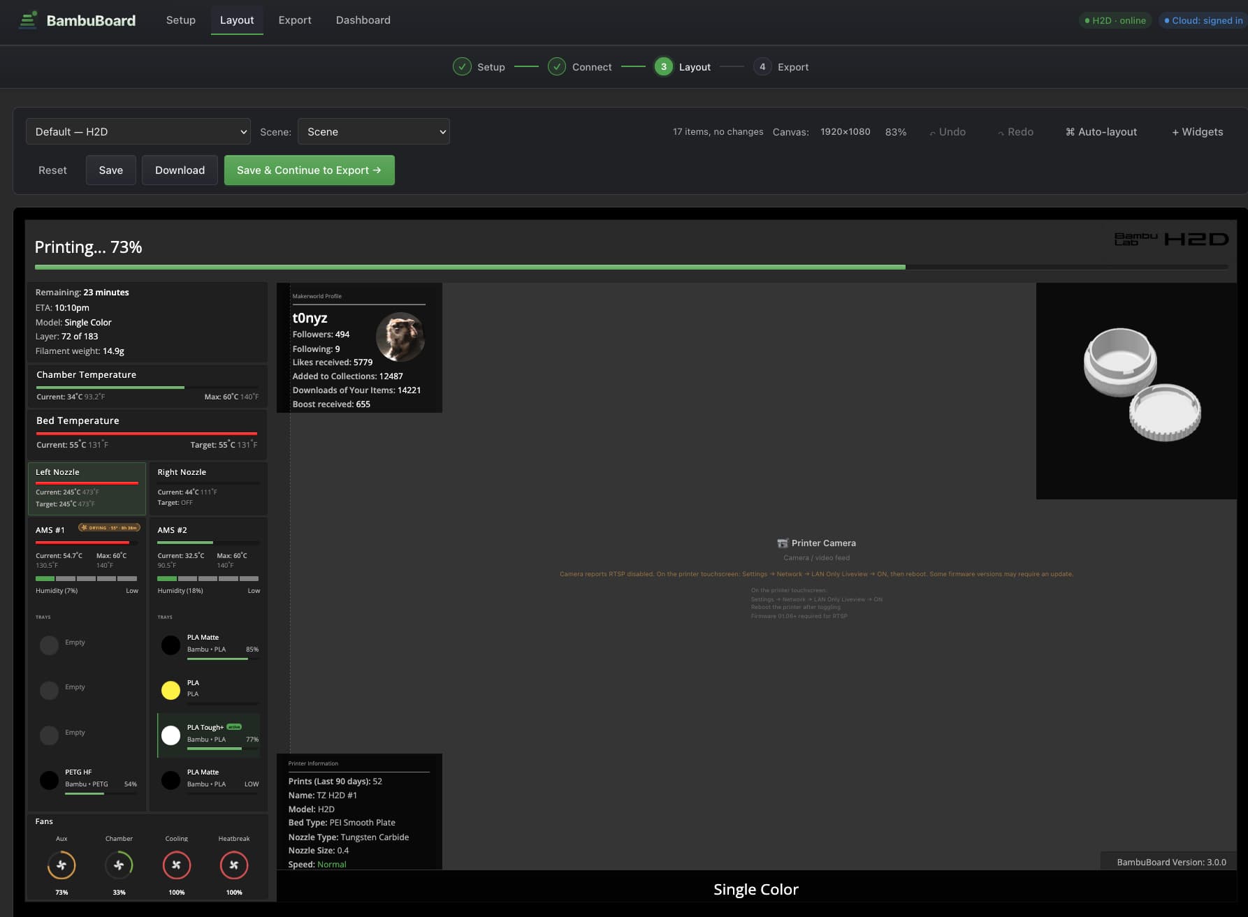 BambuBoard scene editor with the Layers panel and inspector visible