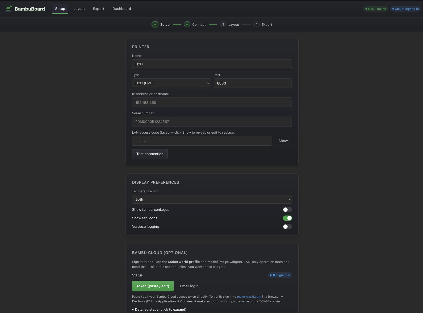 BambuBoard setup tab