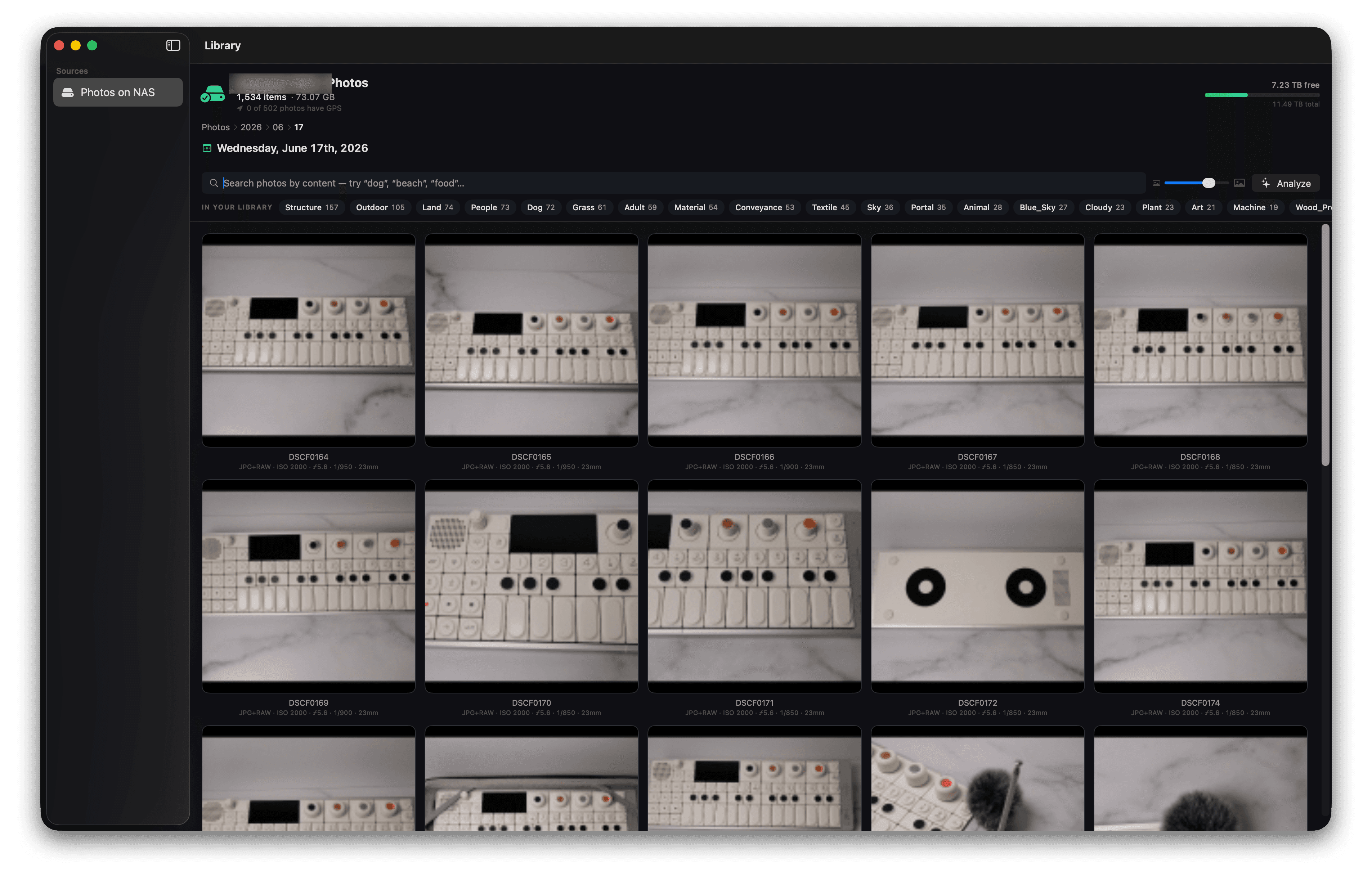 SD Offload's Library: a date-folder grid of photos with on-device content tags, per-photo EXIF, and a search bar
