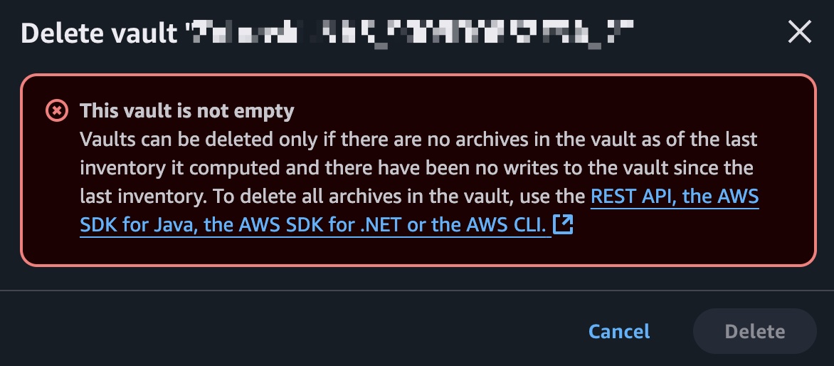 Delete AWS Glacier Vault - This vault is not empty Vaults can be deleted only if there are no archives in the vault as of the last inventory it computed and there have been no writes to the vault since the last inventory. To delete all archives in the vault, use the REST API, the AWS SDK for Java, the AWS SDK for .NET or the AWS CLI.